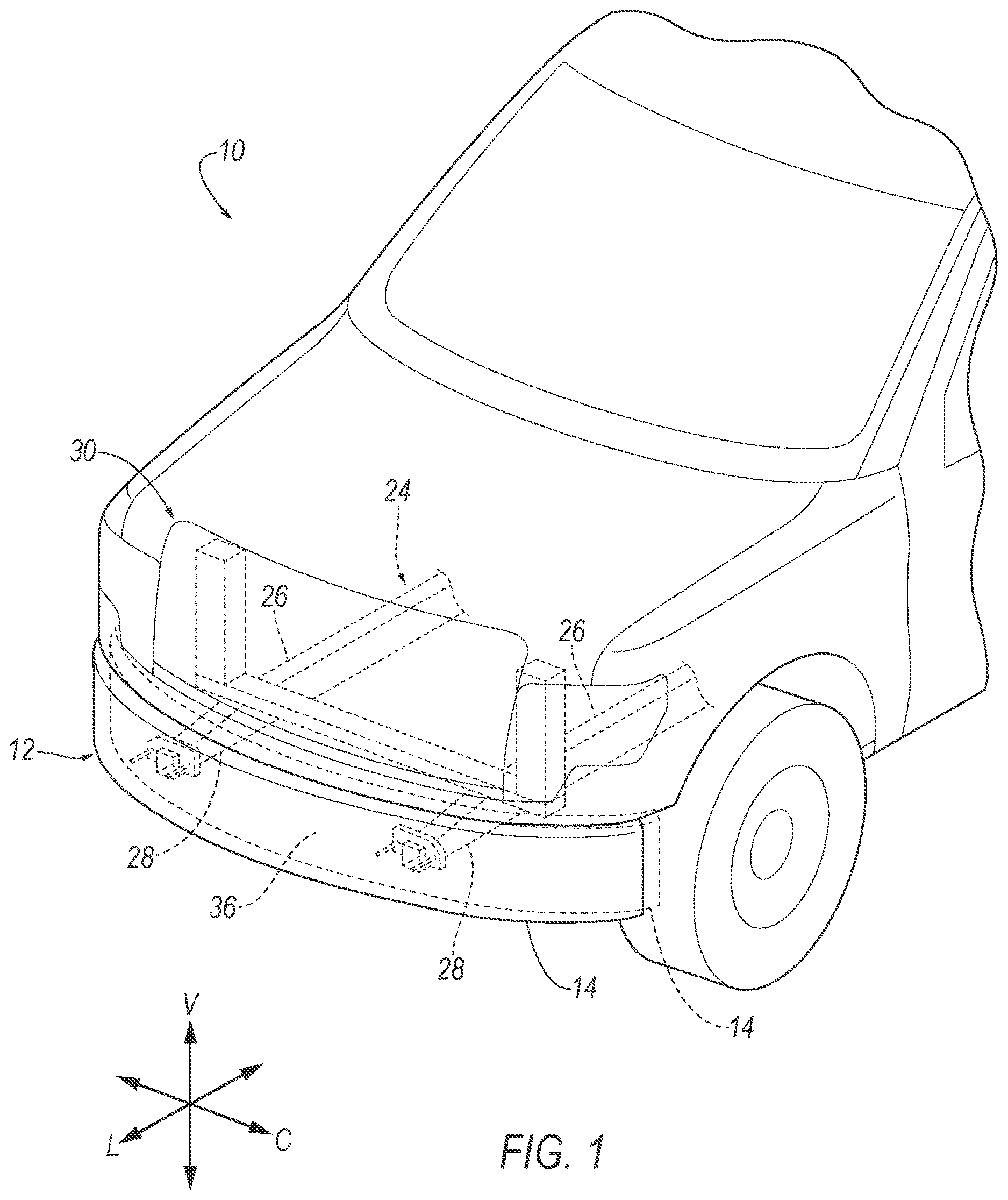 Patent US12617360 Figure 1 – Retractable bumper assembly with actuator based on vehicle speed