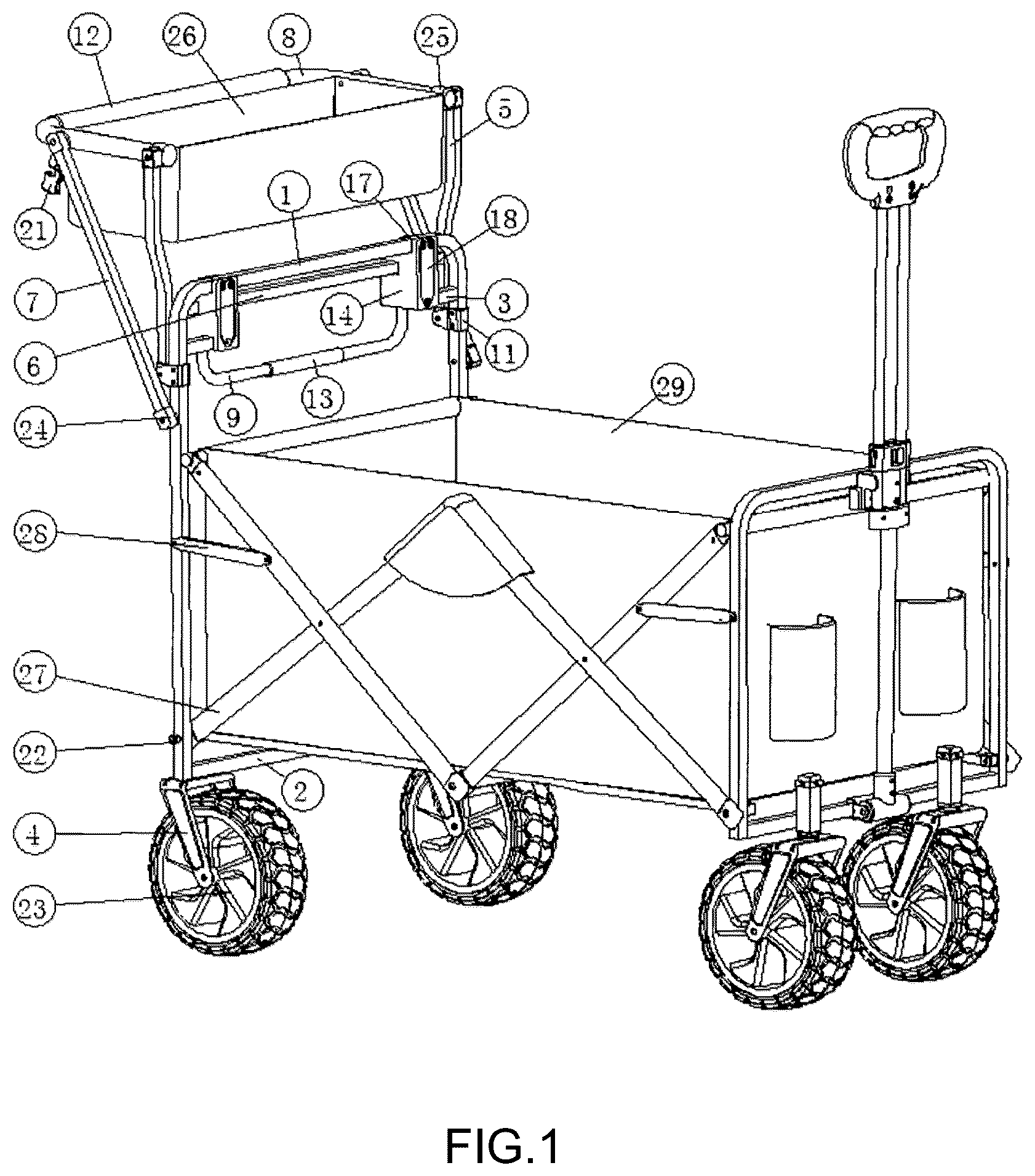 Patent US12617442 — Collapsible wagon with foldable handle and basket extension — Figure 1