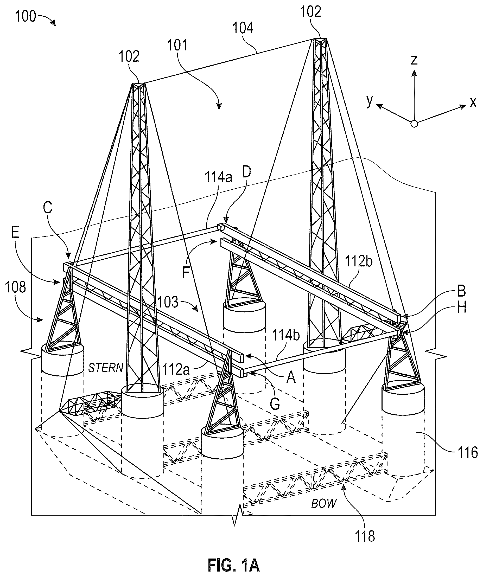 Patent US12617557 — System for receiving a descending rocket on a semisubmersible vessel using a suspended cable — Figure 1
