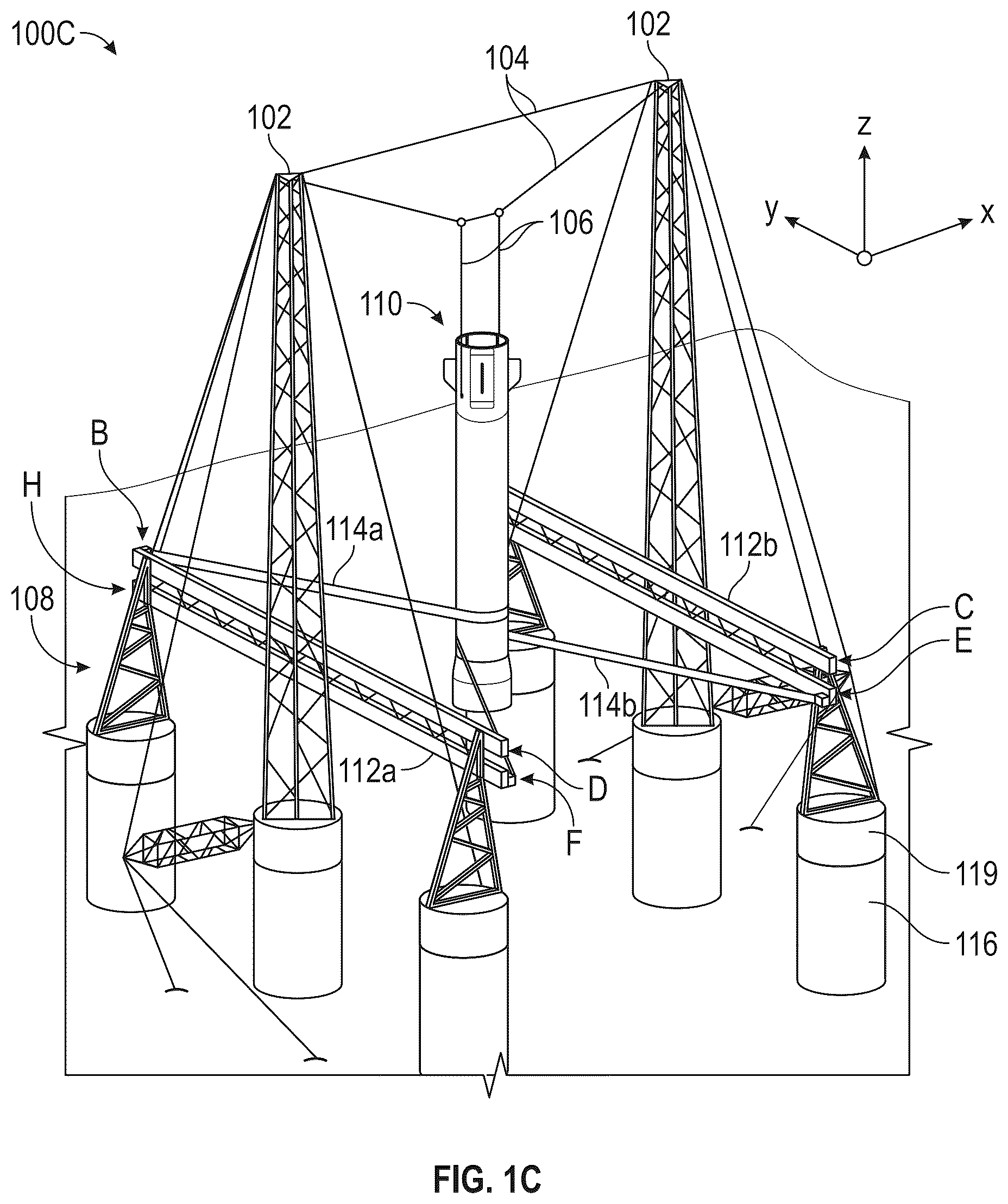 Patent US12617557 Figure 3 – System for receiving a descending rocket on a semisubmersible vessel using a suspended cable
