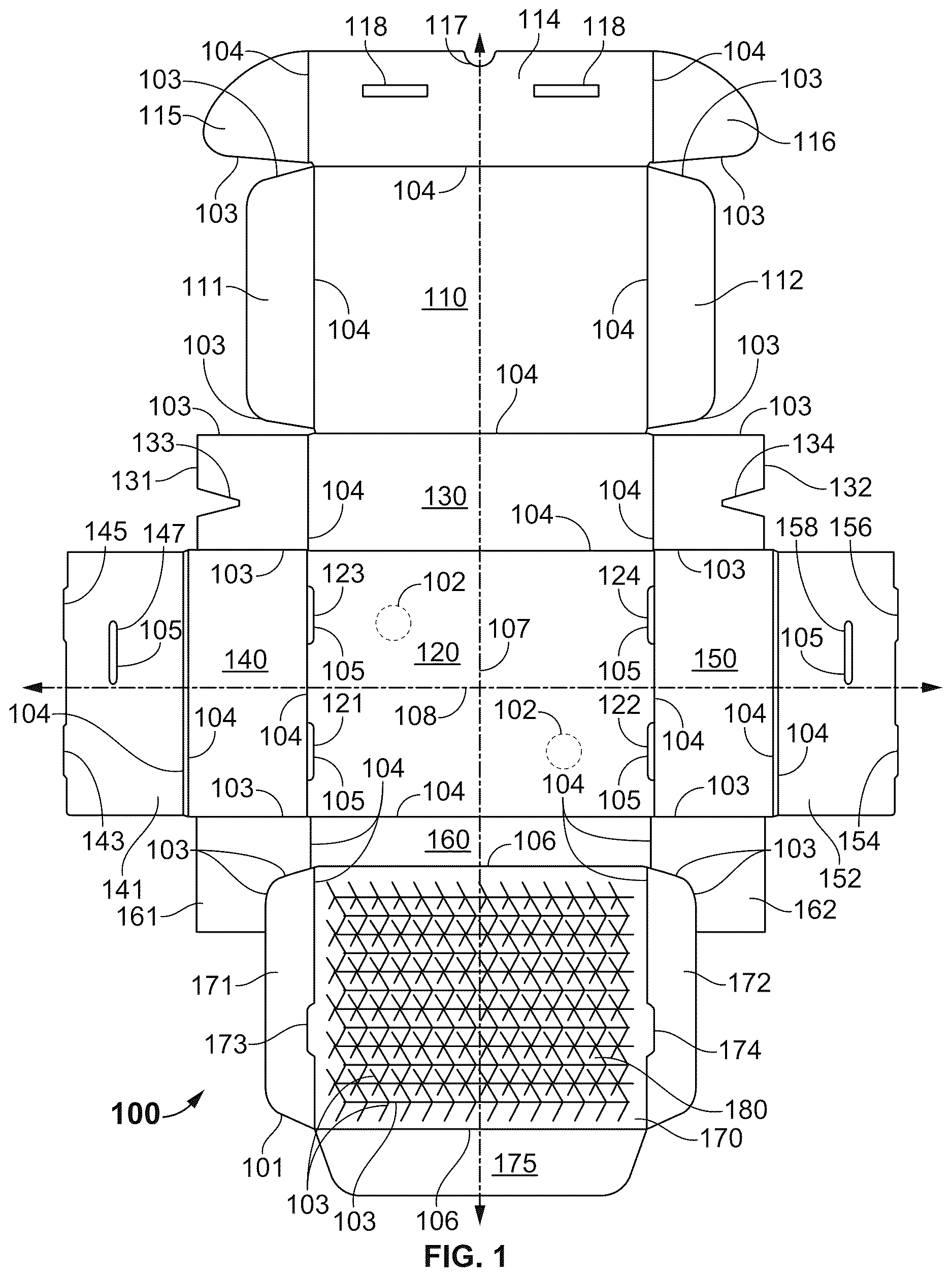 Patent US12617594 — Mail packaging having expandable securing fixative platform panel — Figure 1