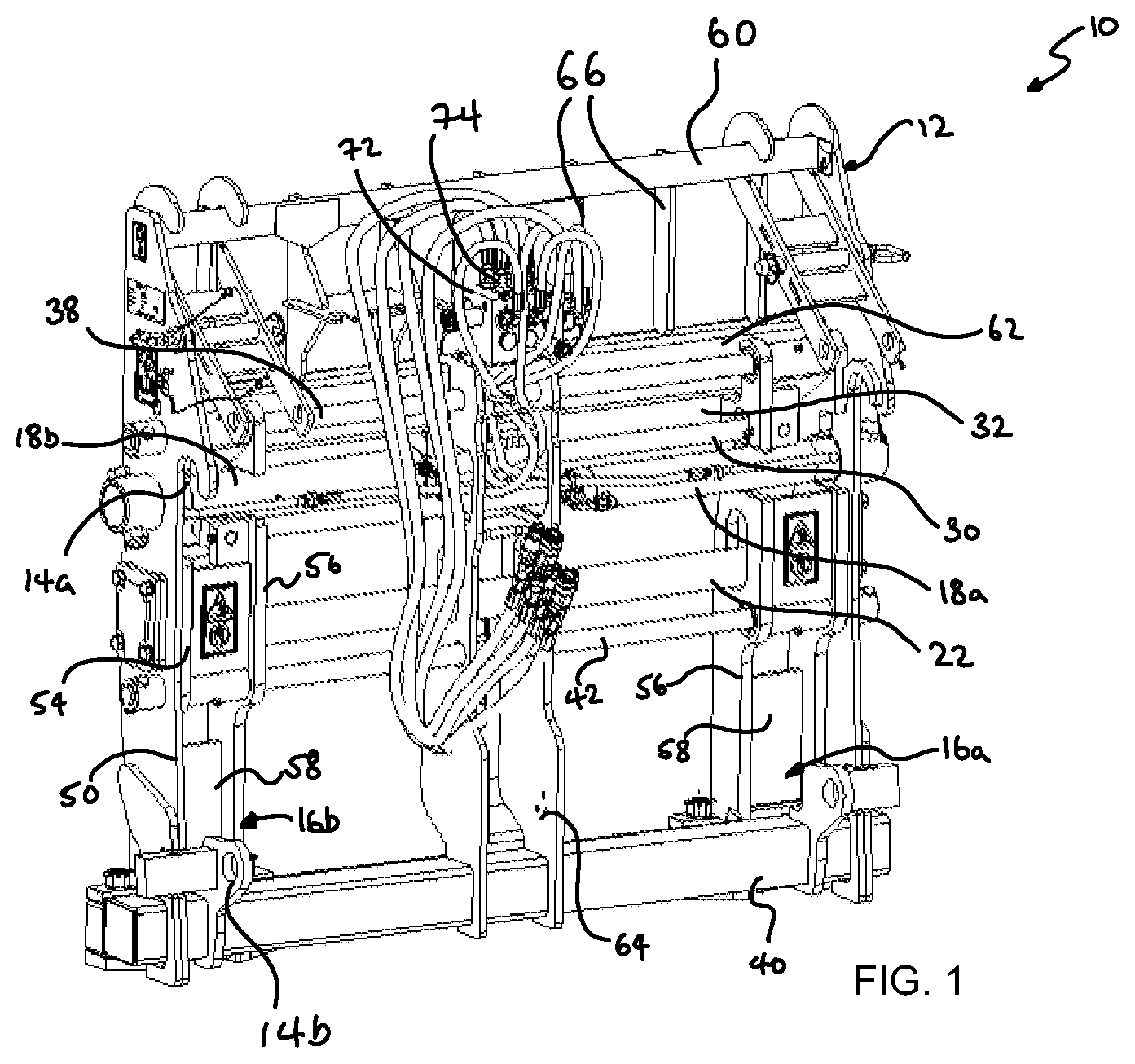 Patent US12617660 Figure 1 – Side-shift fork carriage for a material handling machine