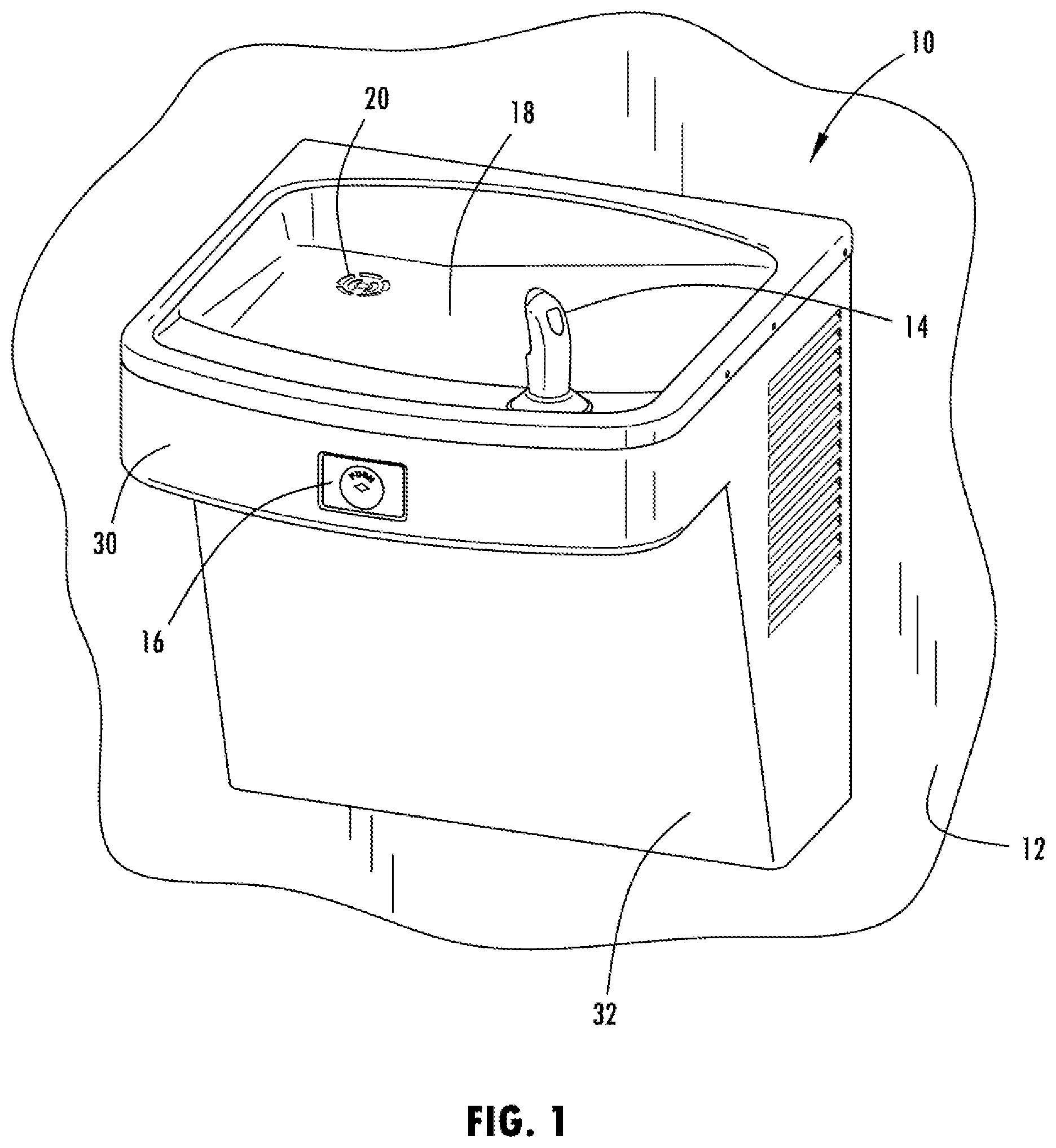 Patent US12617663 — Compact water bottle filling station and retrofitting method — Figure 1