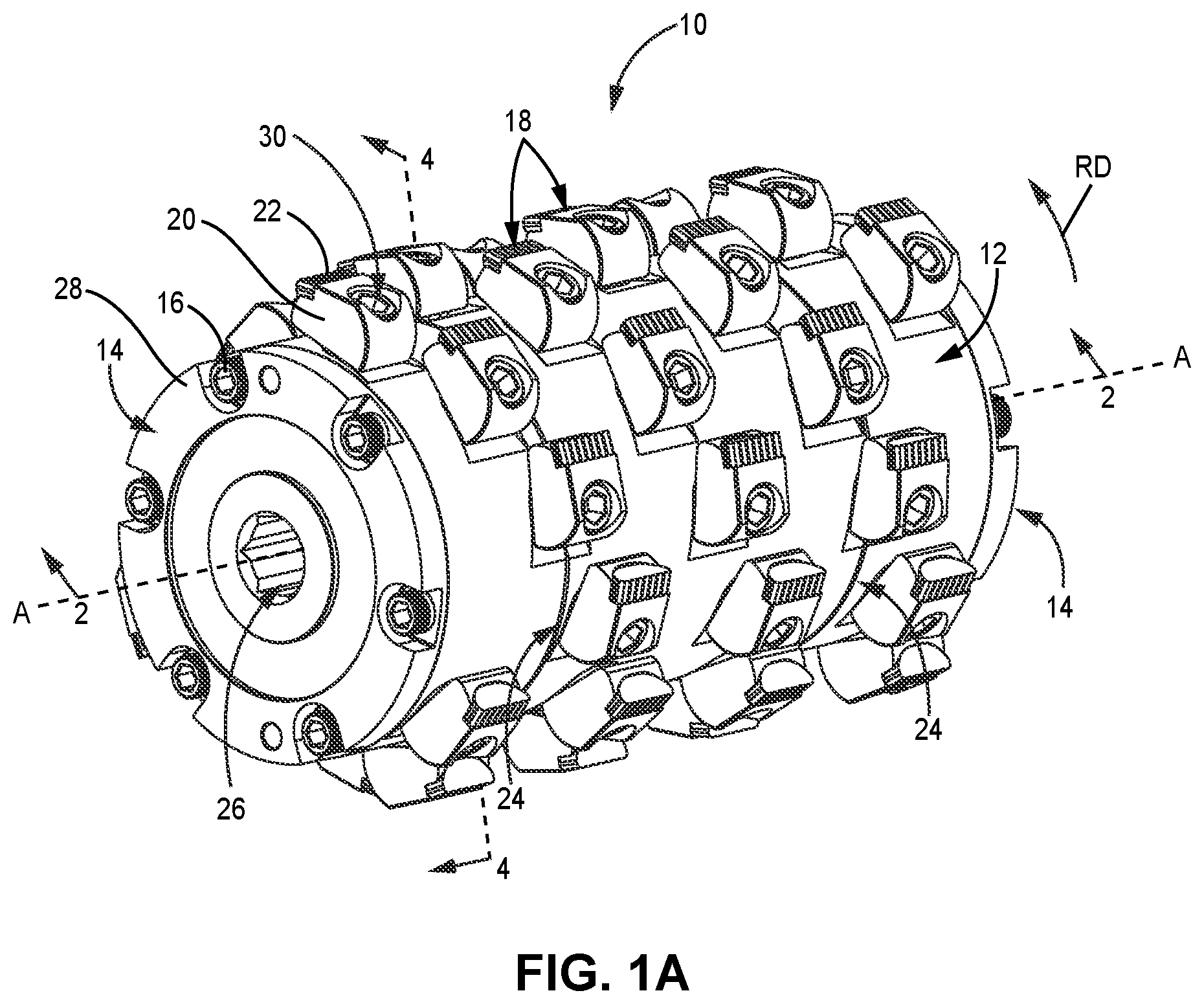 Patent US12618205 Figure 1 – Pavement grinding drum having modular bit mountings