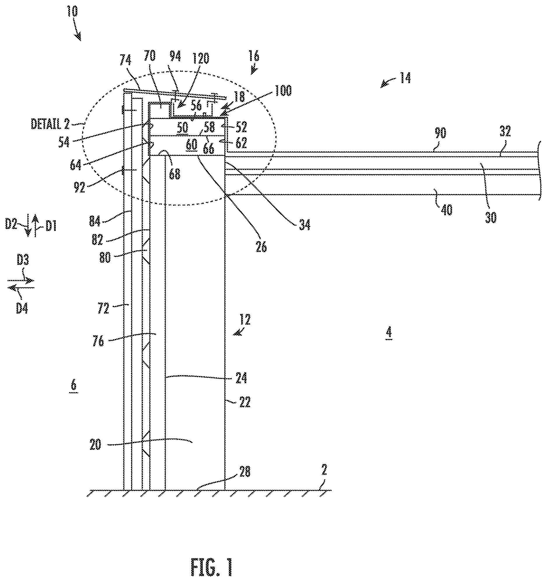 Patent US12618240 Figure 1 – Roof façade assembly and sealable bracket assembly for mounting the same