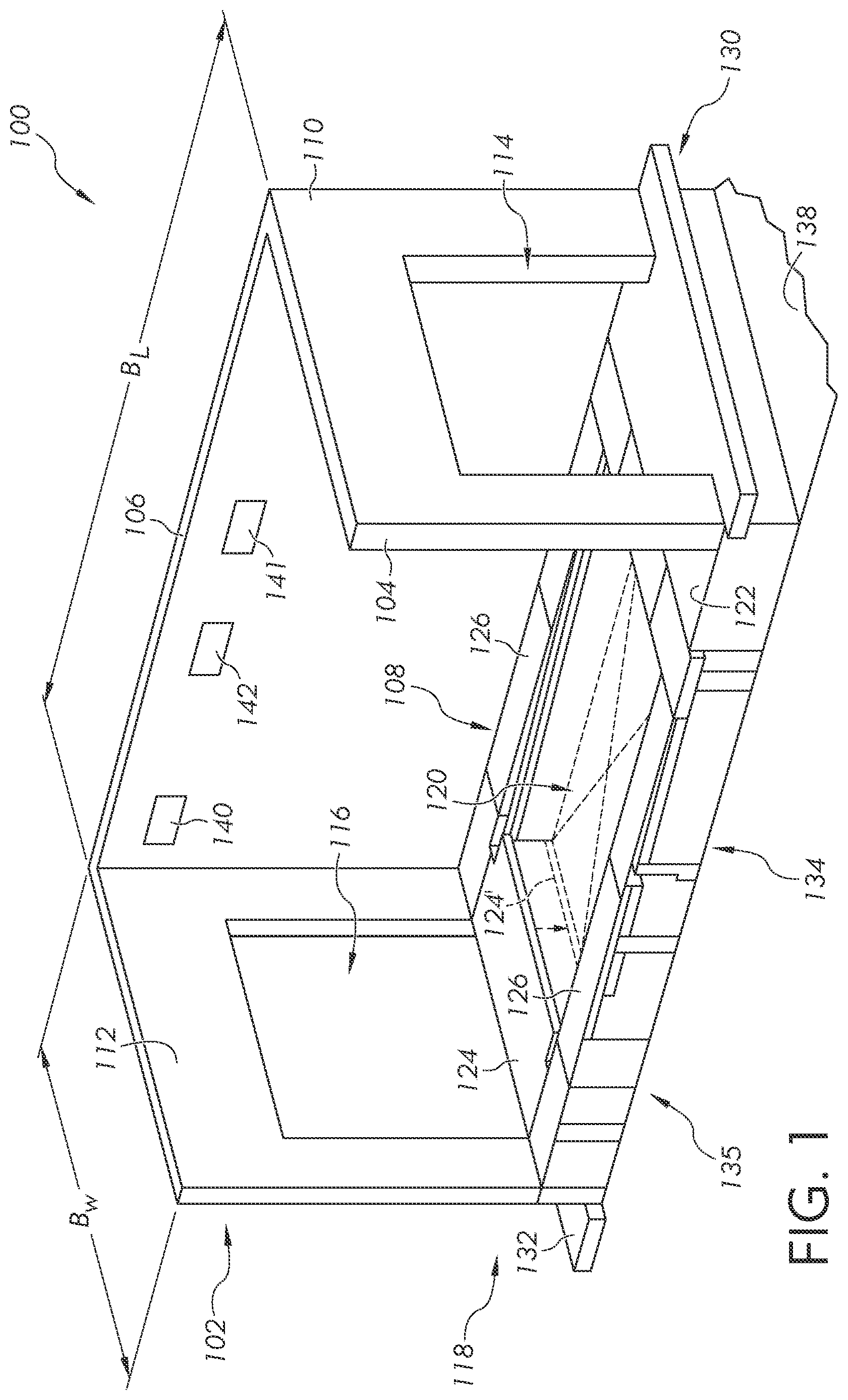 Patent US12618254 — Parking bays having a sloped floor, and parking apparatuses and parking systems including same — Figure 1