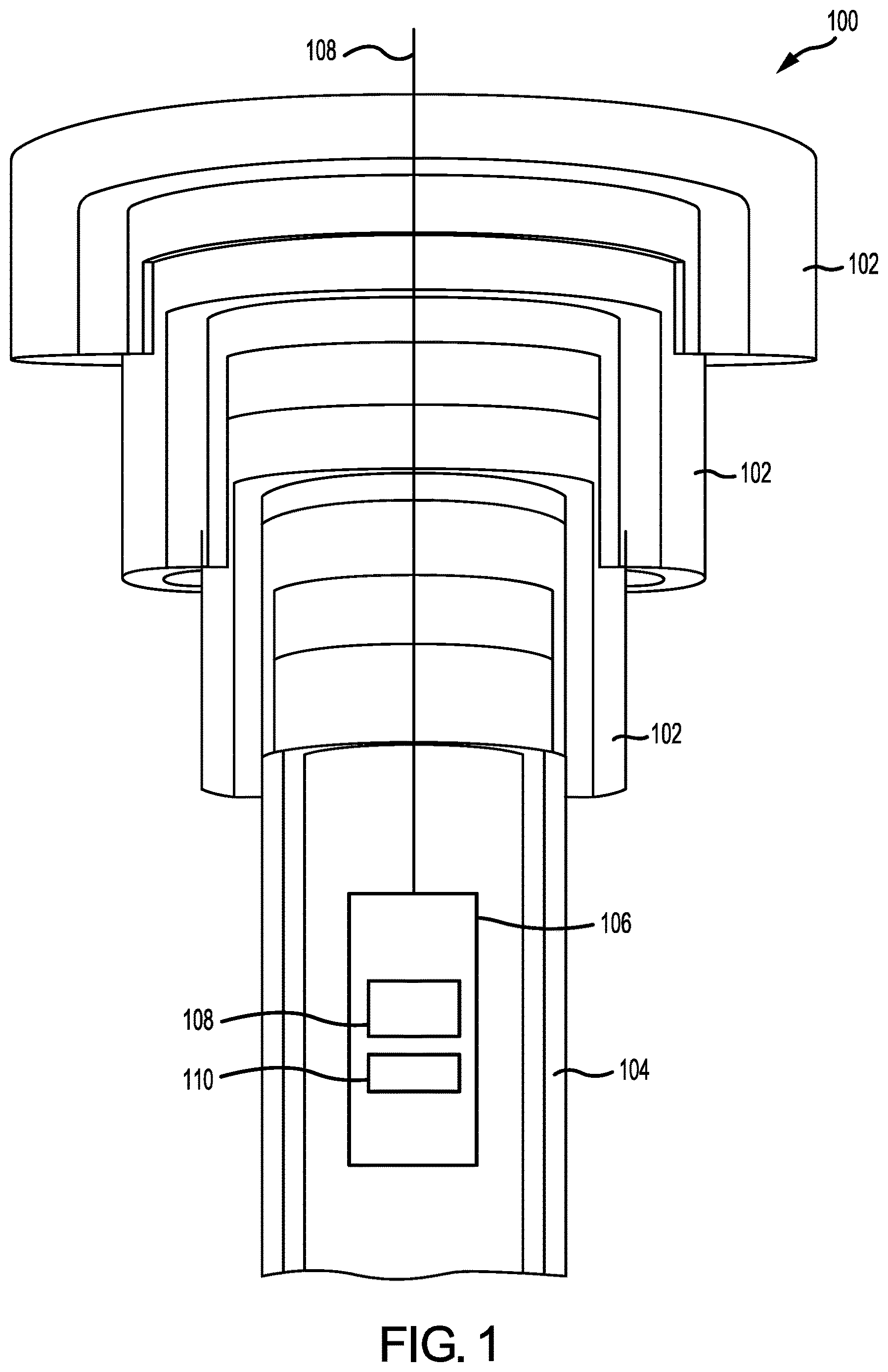 Patent US12618320 Figure 1 – Systems and methods for cement evaluation through tubing using short-term frequency responses