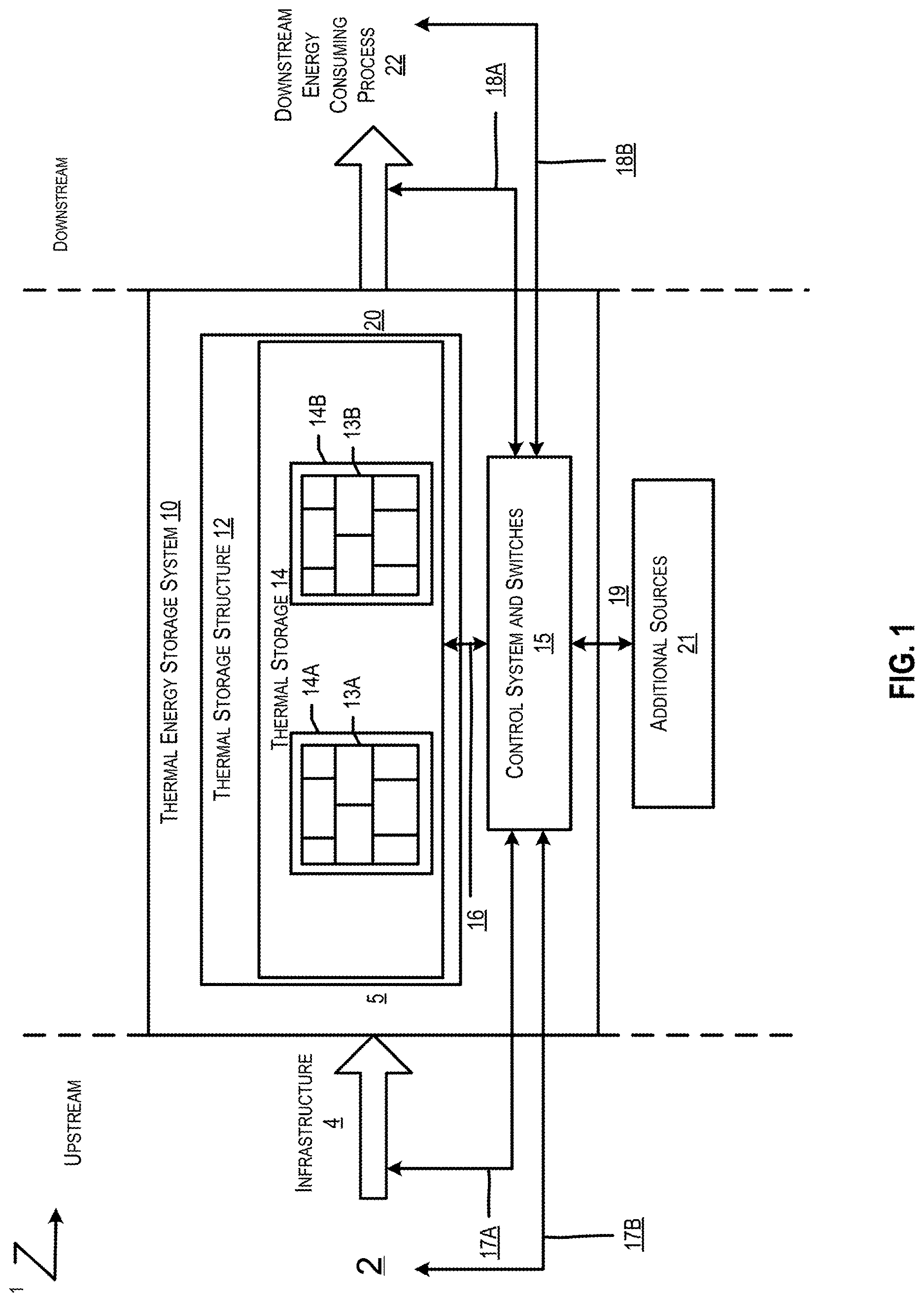 Patent US12618343 Figure 1 – Thermal energy storage system with a heat pump for improved efficiency