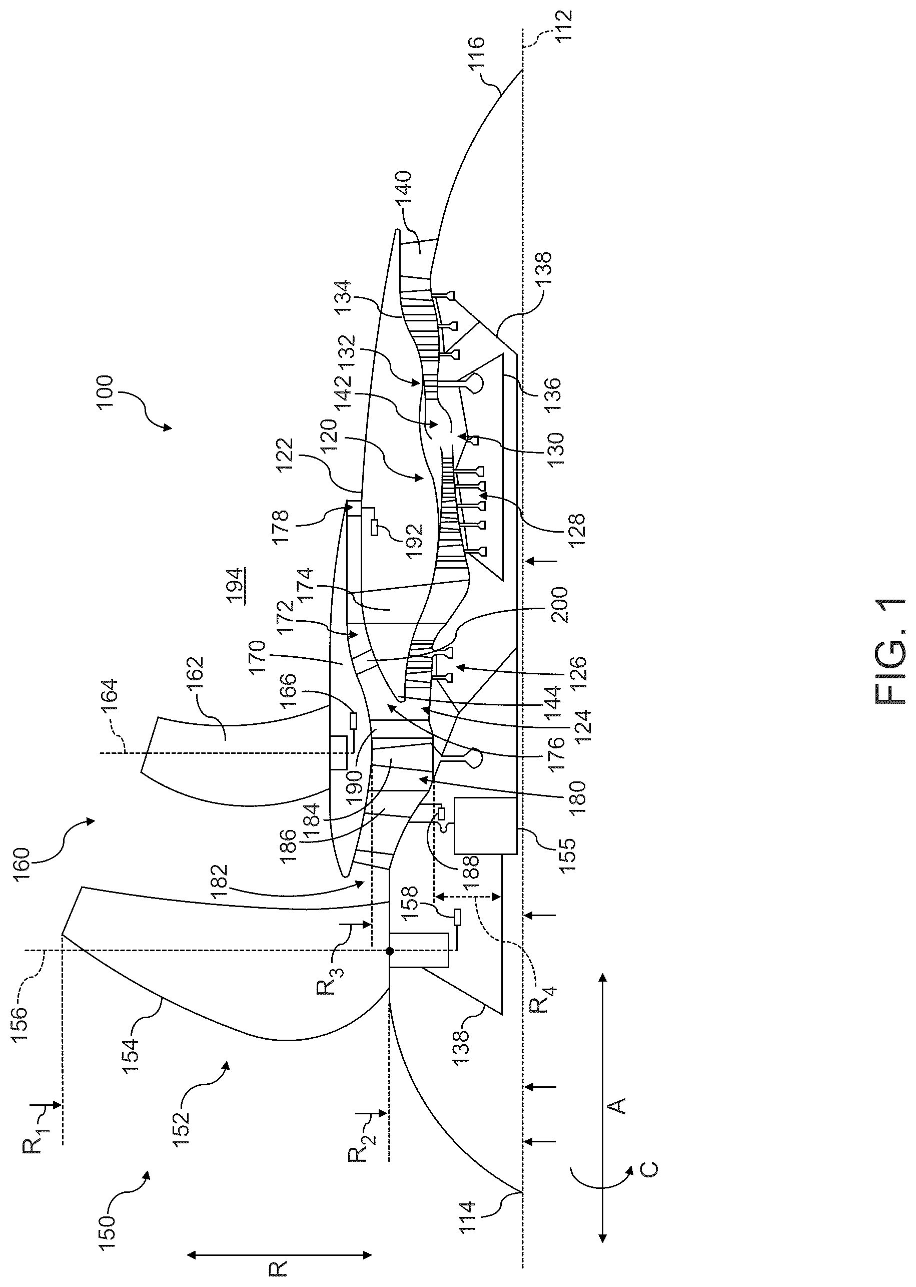 Patent US12618384 — Gas turbine engine having a bypass passage, a fan duct, and a core duct — Figure 1