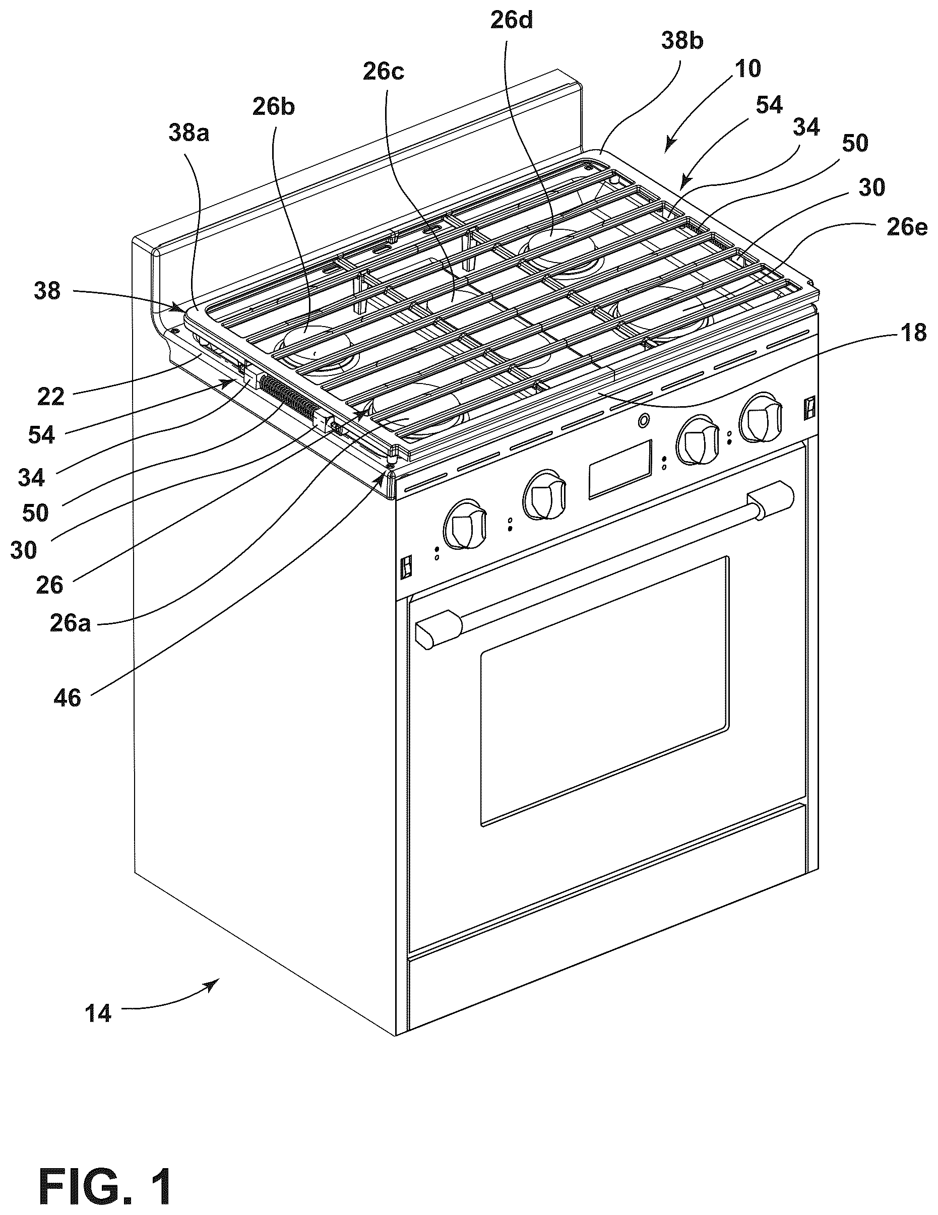 Patent US12618567 — Cooktop with hinged burner grates — Figure 1