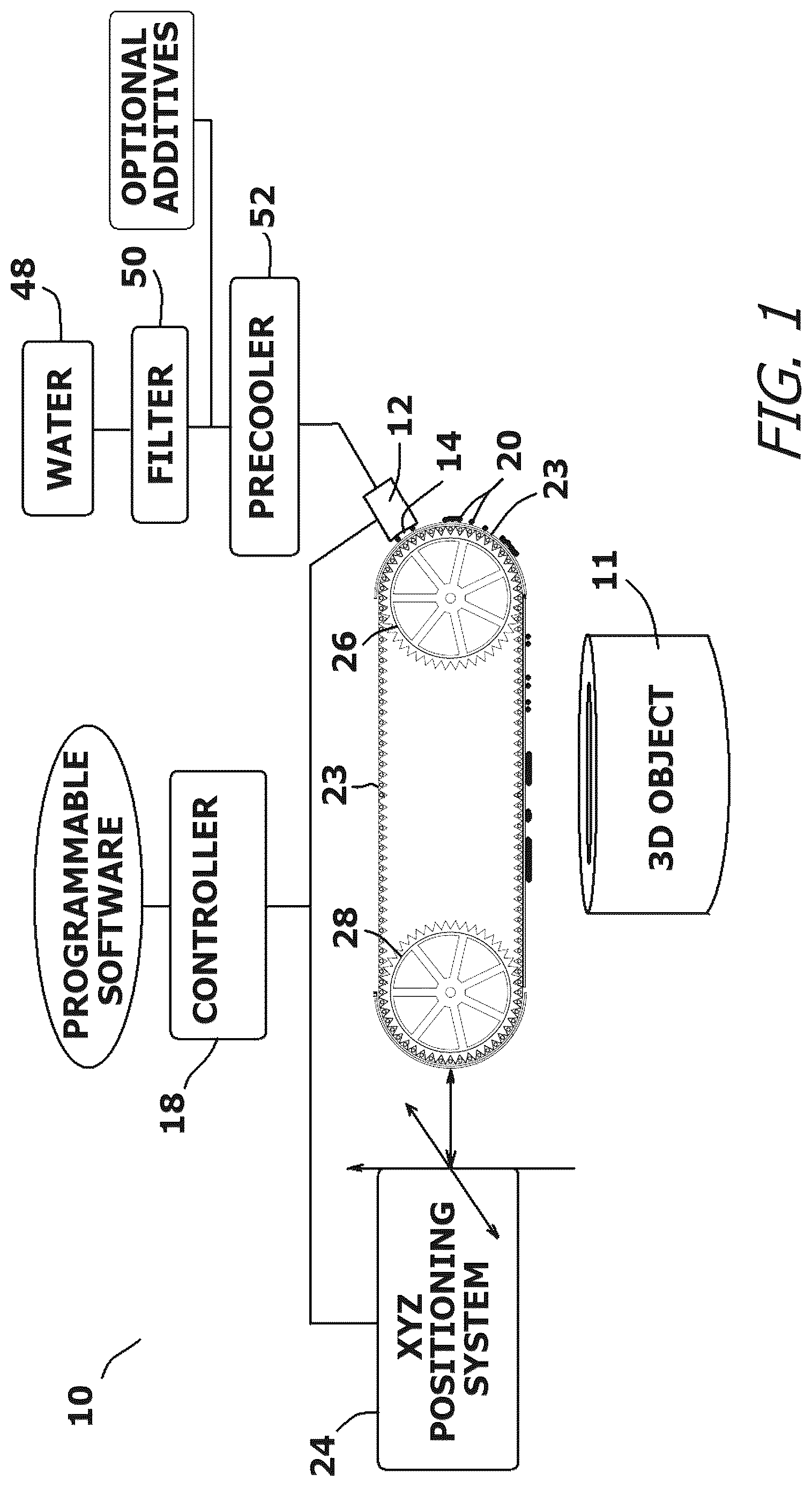 Patent US12618597 Figure 1 – System and method for rapidly printing ice into a three-dimensional structure