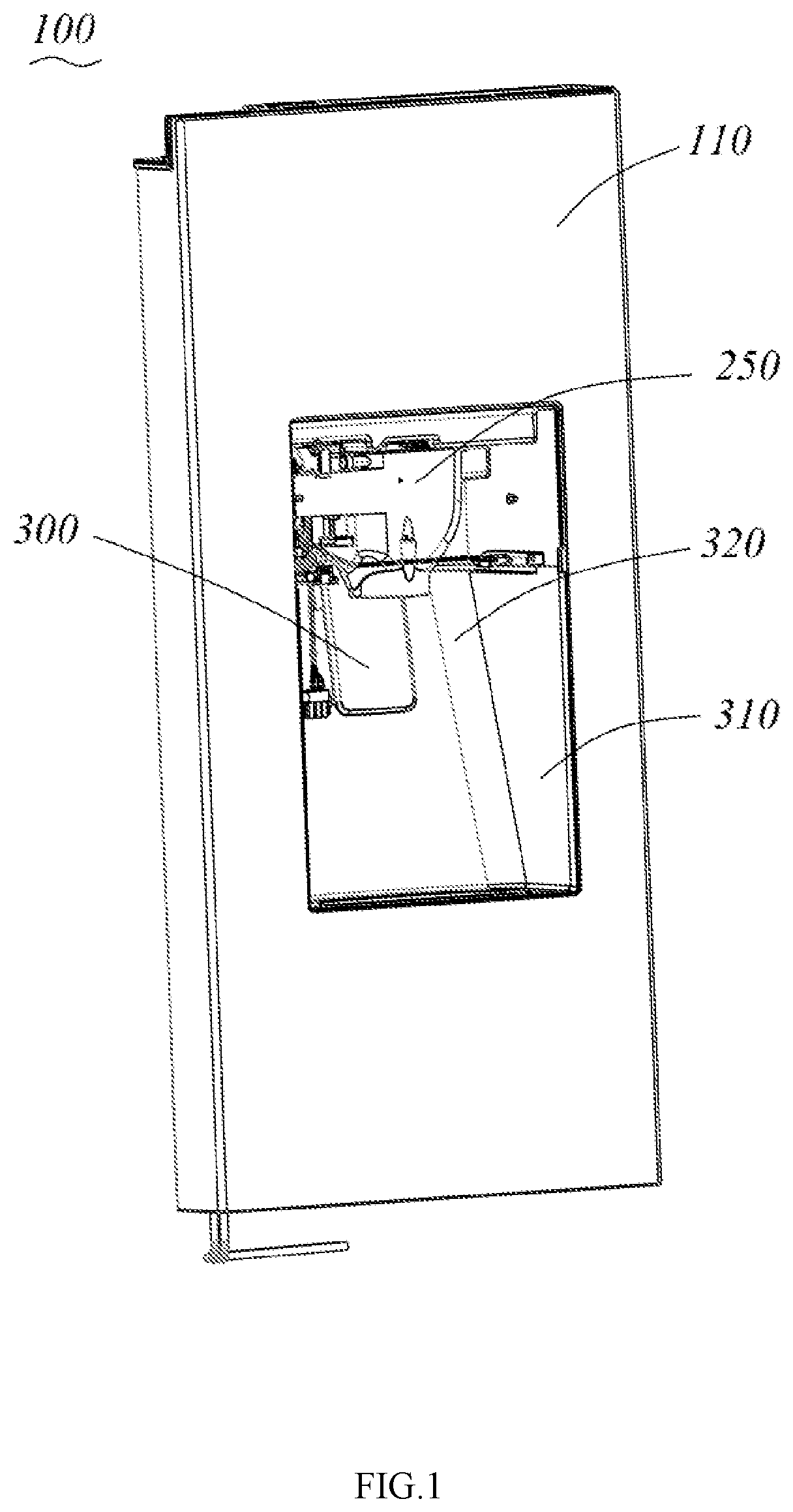 Patent US12618601 Figure 1 – Ice dispensing device, refrigerator door assembly, and refrigerator
