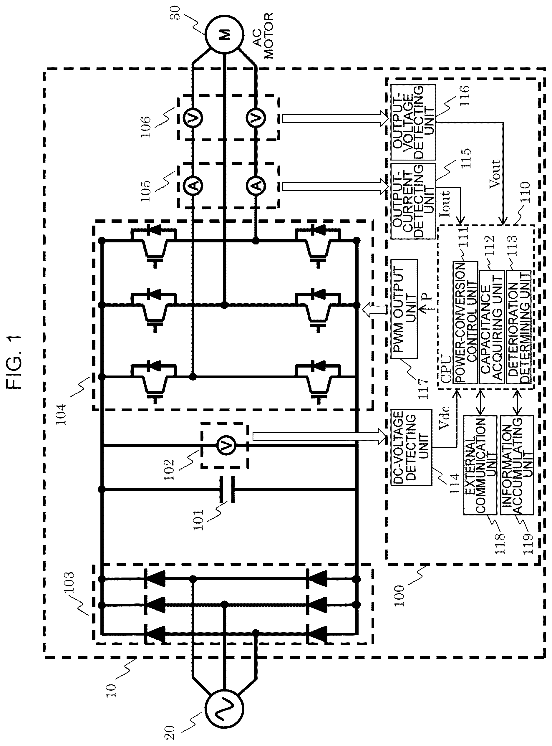 Patent US12618886 Figure 1 – Power conversion apparatus, deterioration determination method for smoothing capacitor