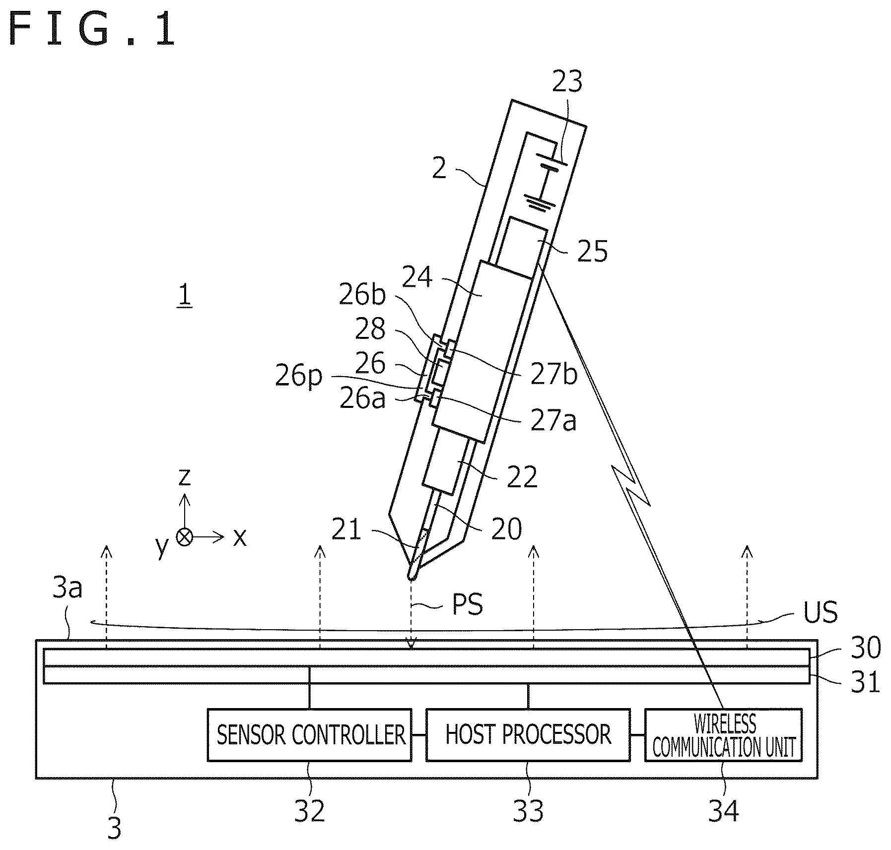 Patent US12619312 — System including pen and pen position detection apparatus, pen position detection apparatus, and method of activating haptic element built in pen — Figure 1