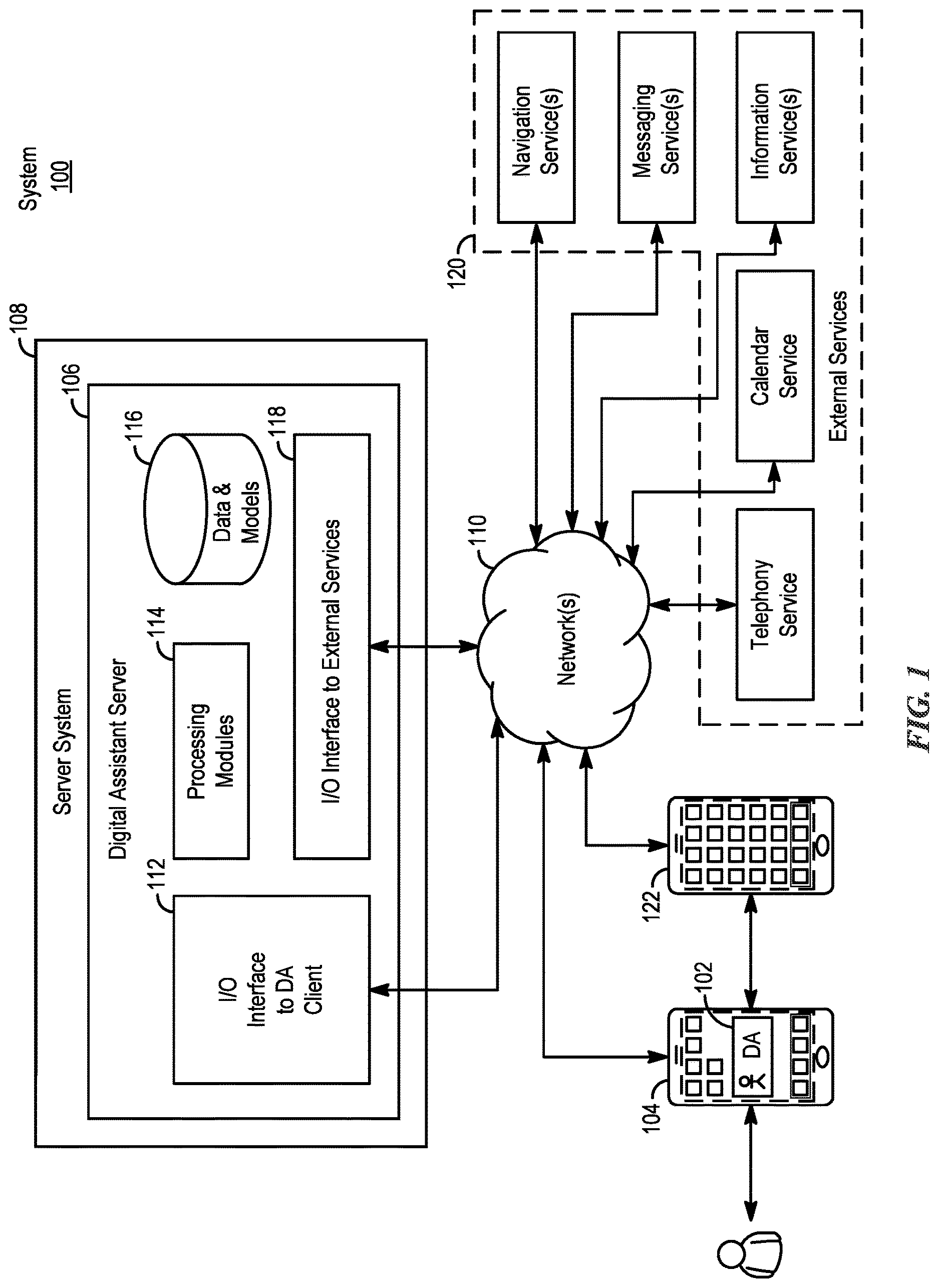 Patent US12619452 — Intelligent automated assistant in a messaging environment — Figure 1