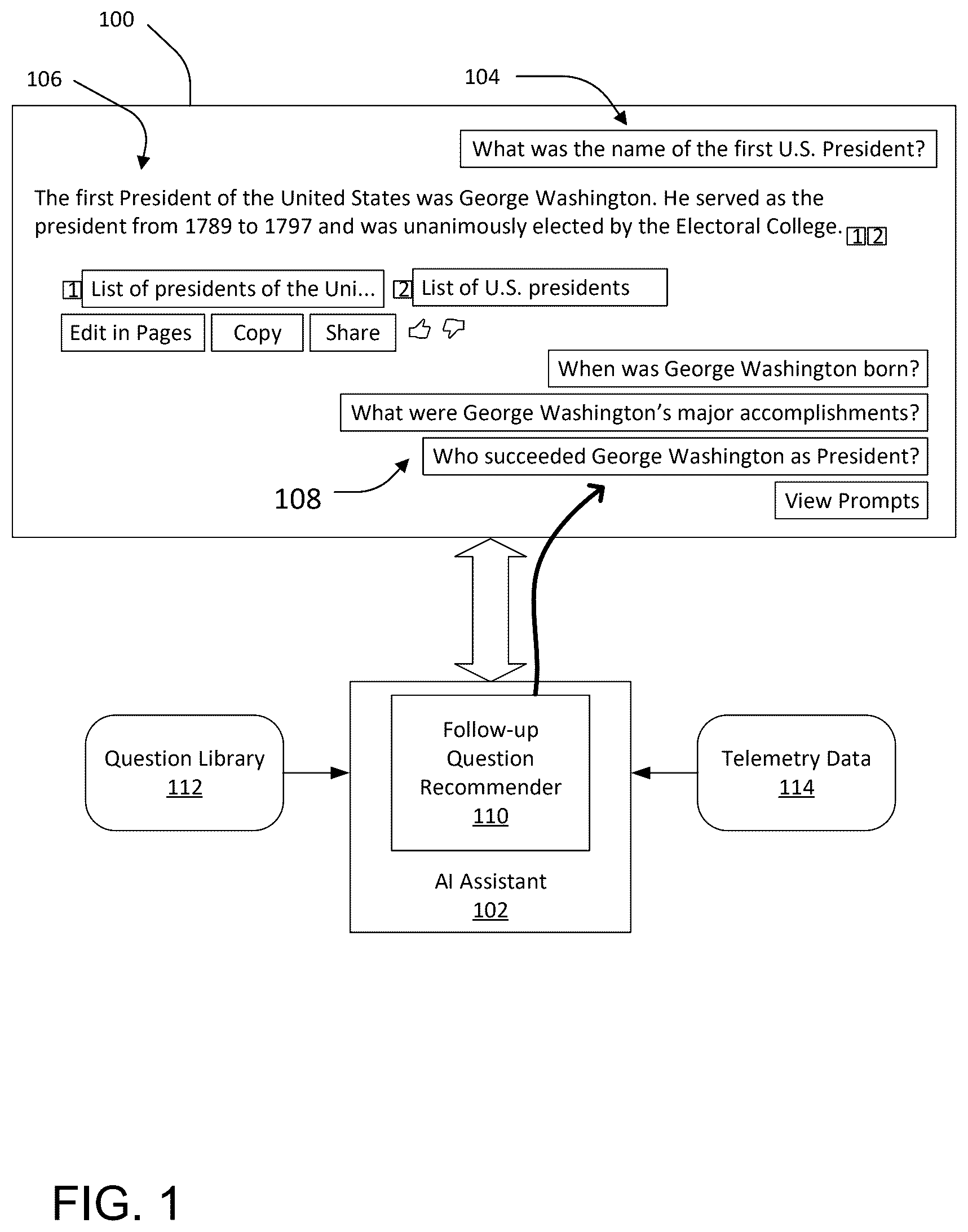 Patent US12619663 — Follow-up question recommender for AI assistant — Figure 1
