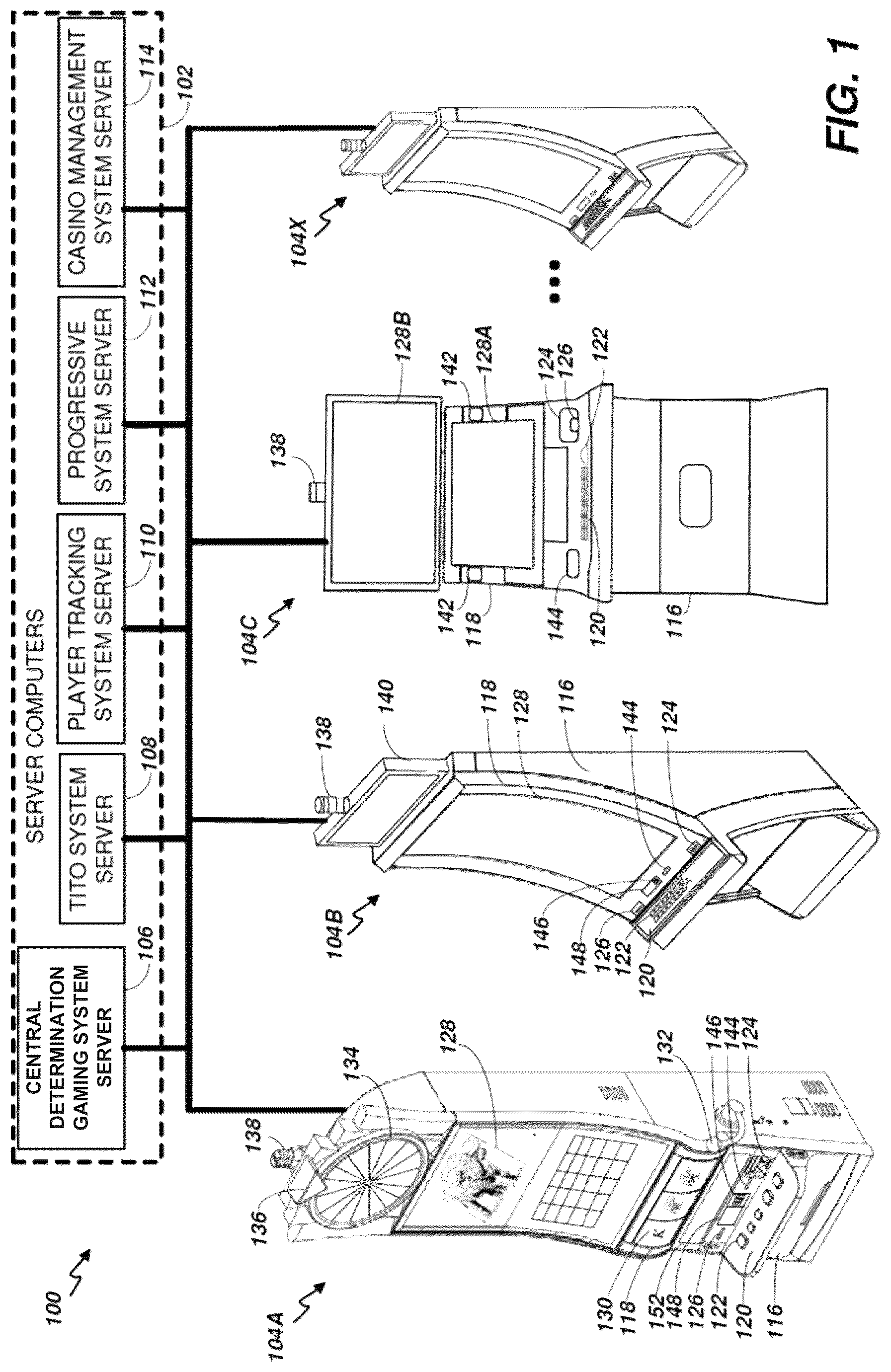 Patent US12620288 Figure 1 – Electronic gaming machine and system with a game action reel strip controlling symbol evaluation and selection