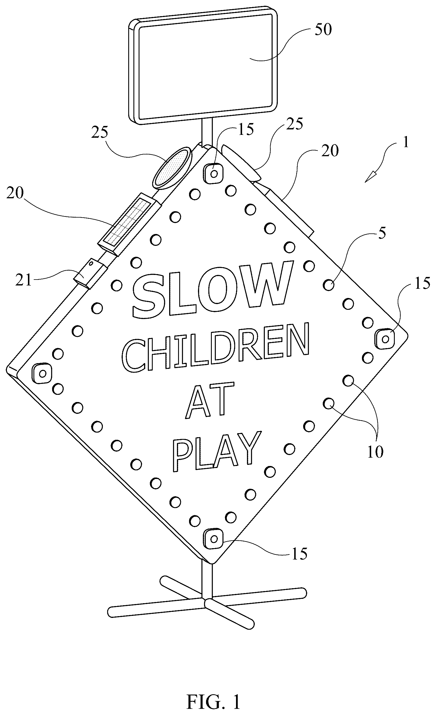 Patent US12620307 Figure 1 – Device to warn traffic regarding the presence of children