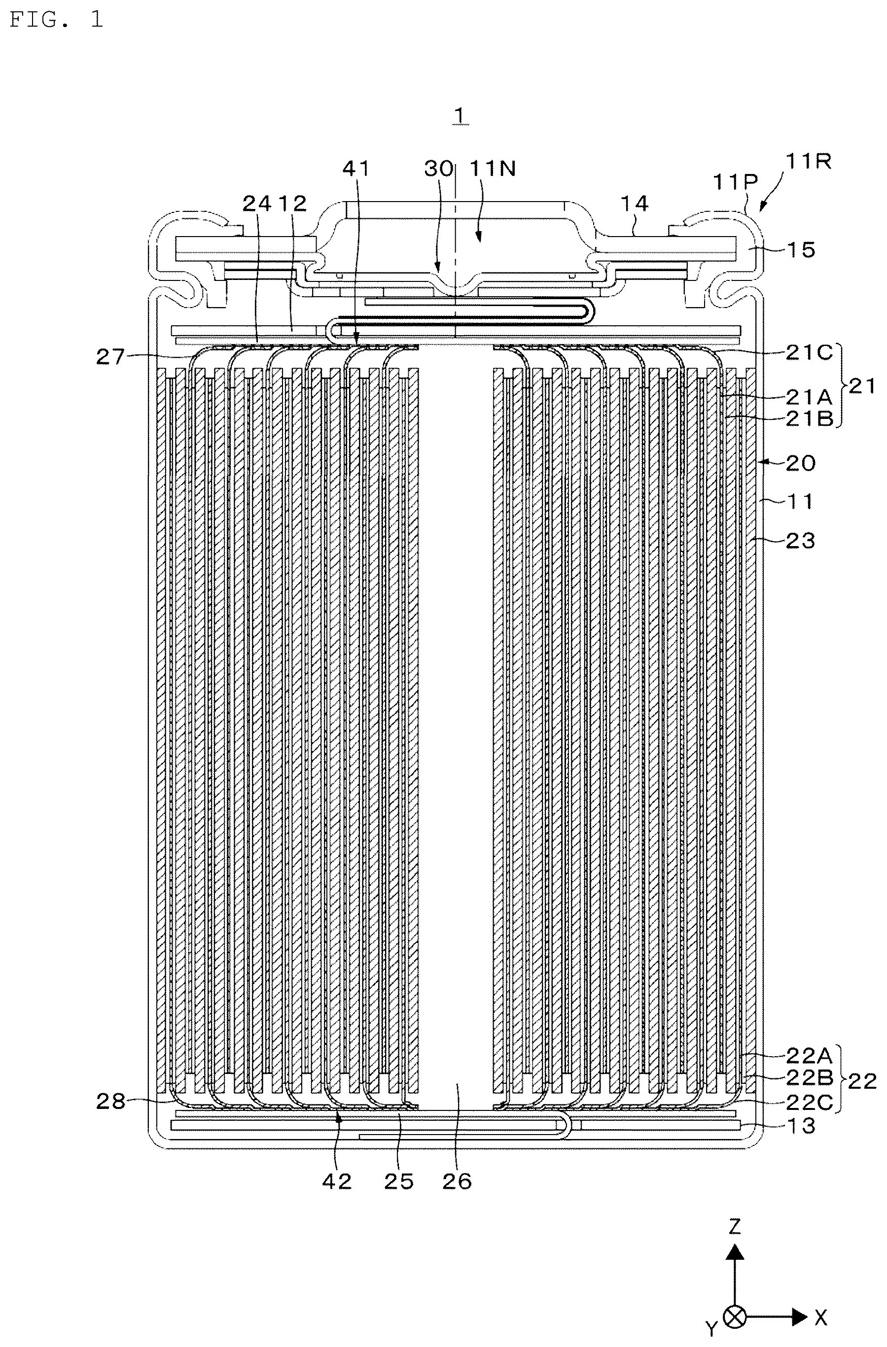 Patent US12620597 — Secondary battery, battery pack, electronic device, electric tool, electric aircraft, and electric vehicle — Figure 1