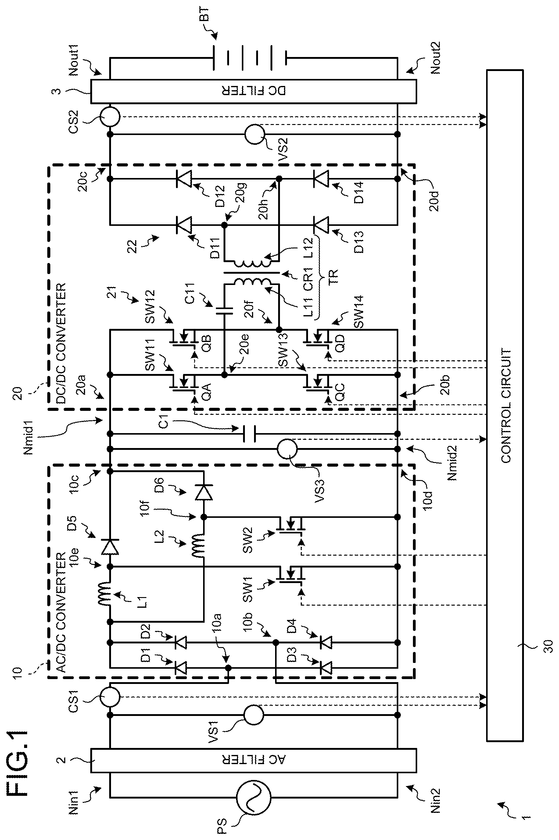 Patent US12620814 — Charging system including AC/DC converter and DC/DC converter in which inrush current is suppressed — Figure 1