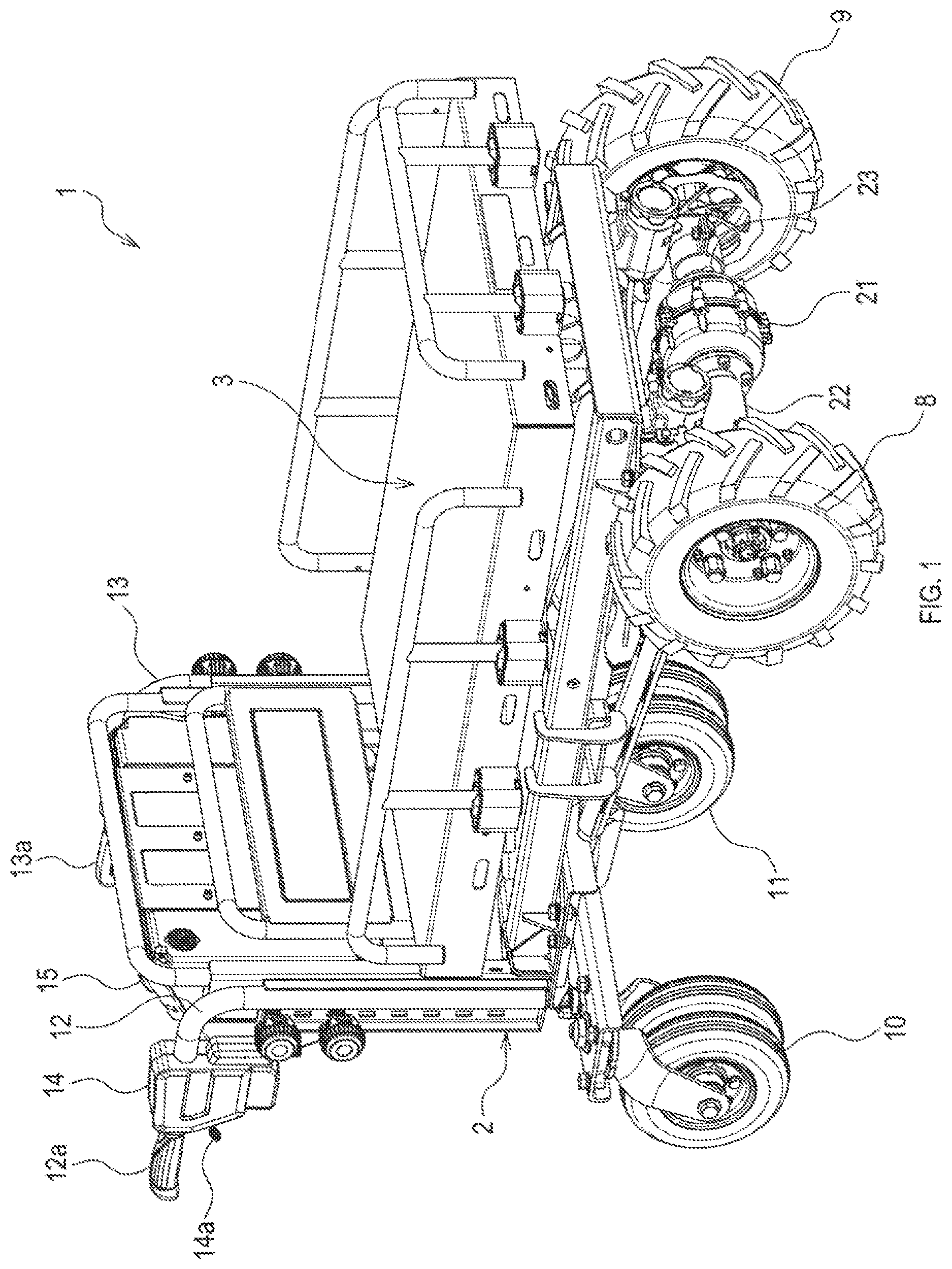 Patent US12620875 Figure 1 – Battery-powered wheelbarrow