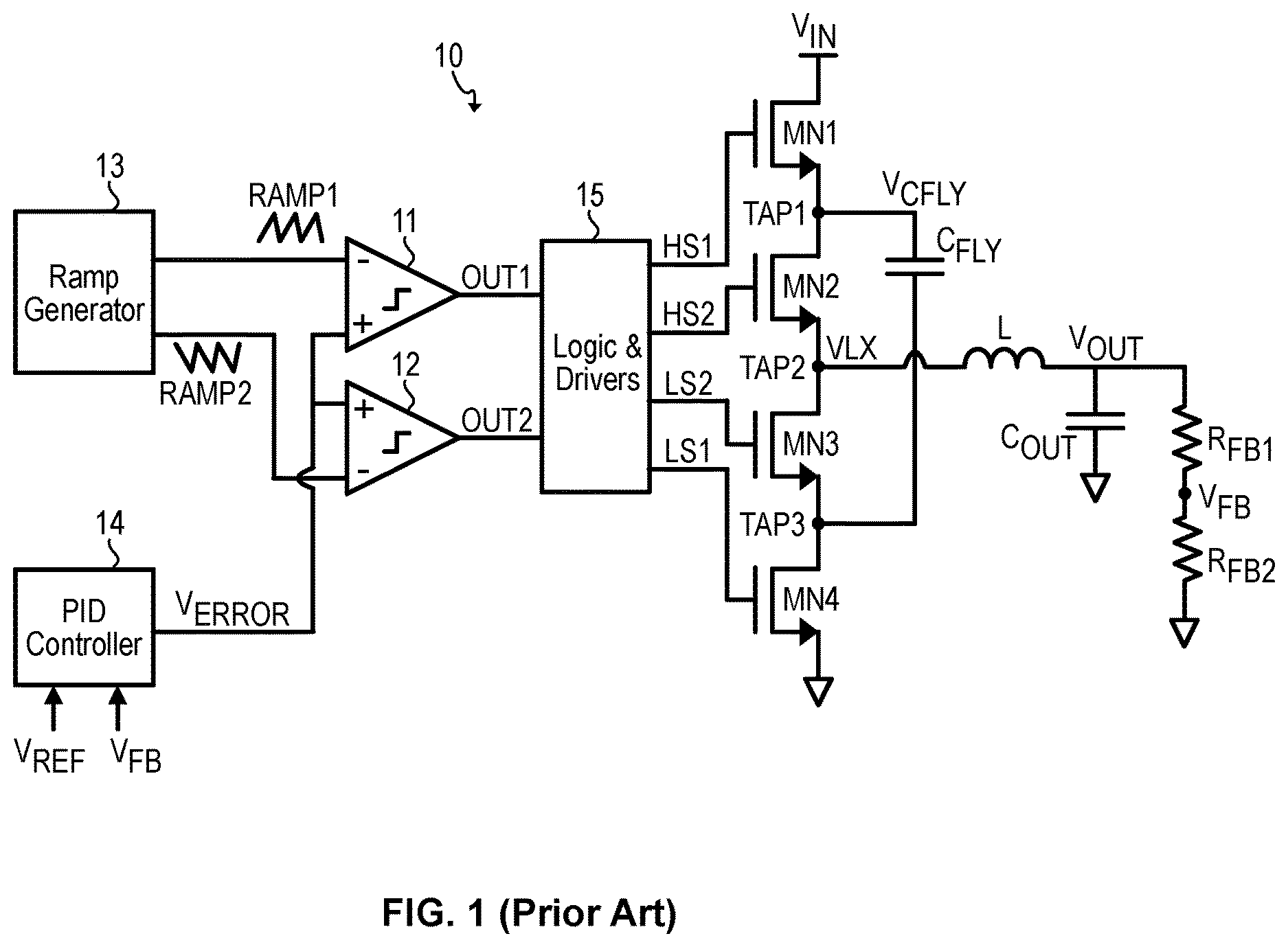 Patent US12620895 — Balance system to regulate the voltage of the fly capacitor of a three-level buck acting on ramps — Figure 1