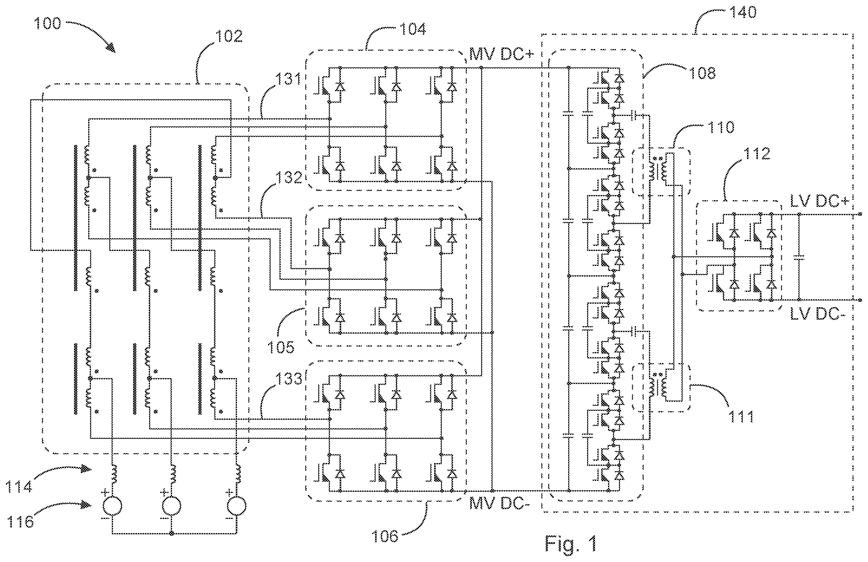 Patent US12620902 — Bi-directional medium voltage to low voltage converter topology — Figure 1