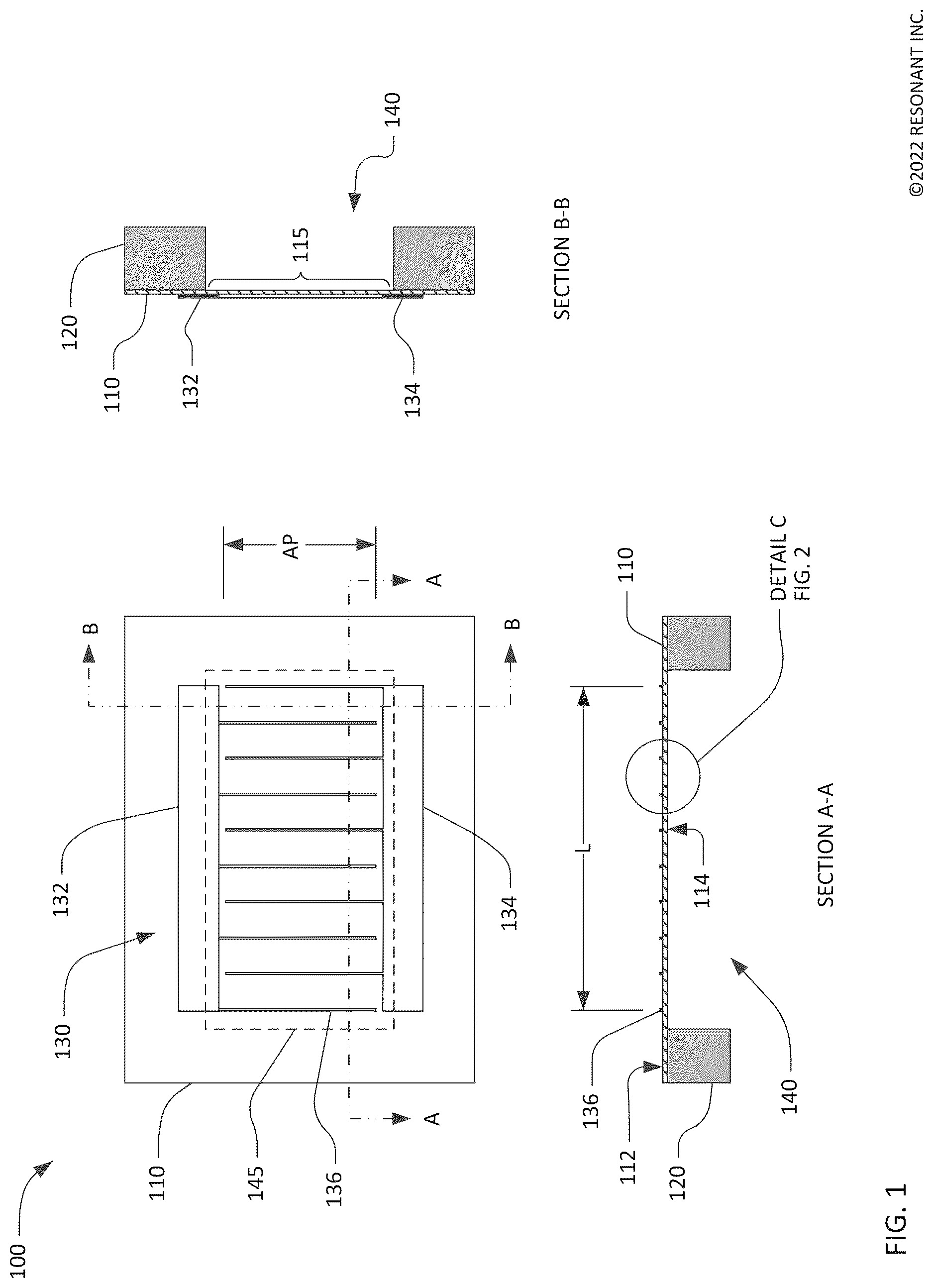 Patent US12620961 — Patterned cavity walls for transversely-excited film bulk acoustic resonator frontside membrane release — Figure 1