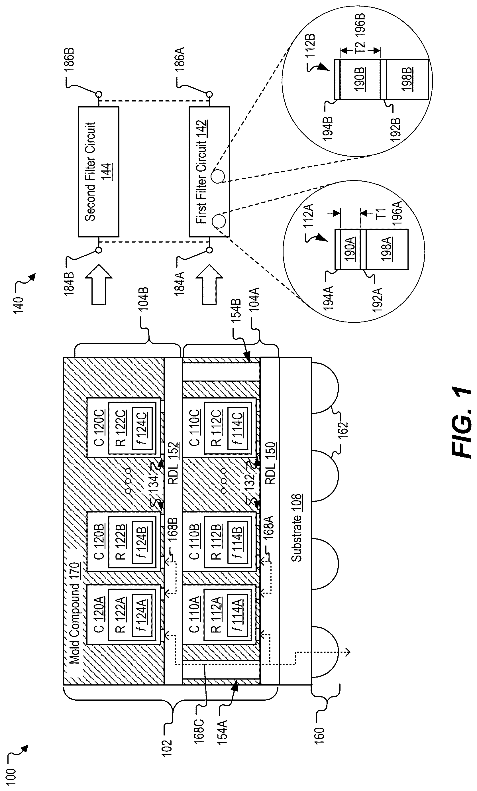 Patent US12620970 — Integrated devices with multiple acoustic resonator chiplets — Figure 1