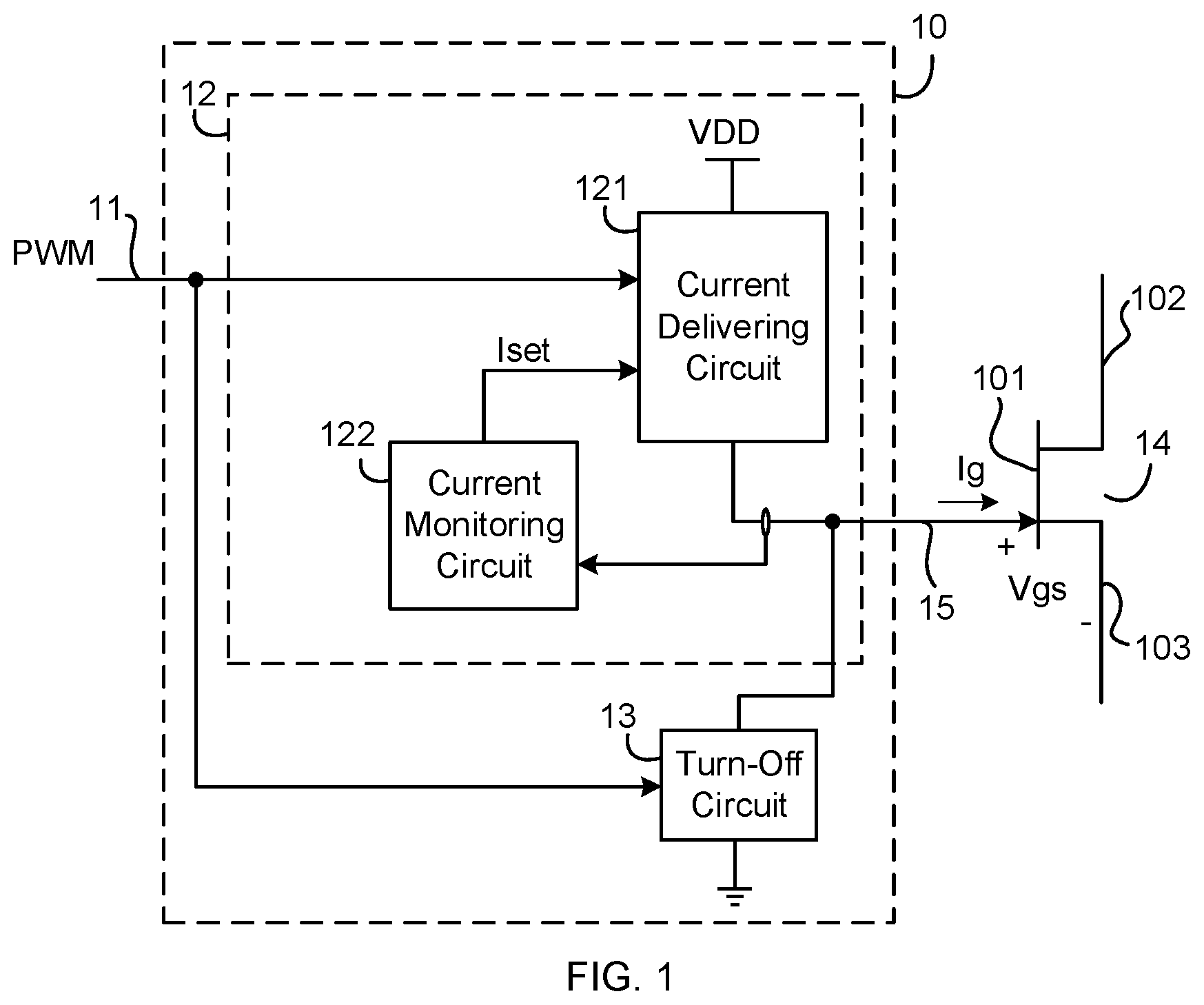Patent US12620987 — Current gate driver for wide bandgap semiconductor transistor — Figure 1