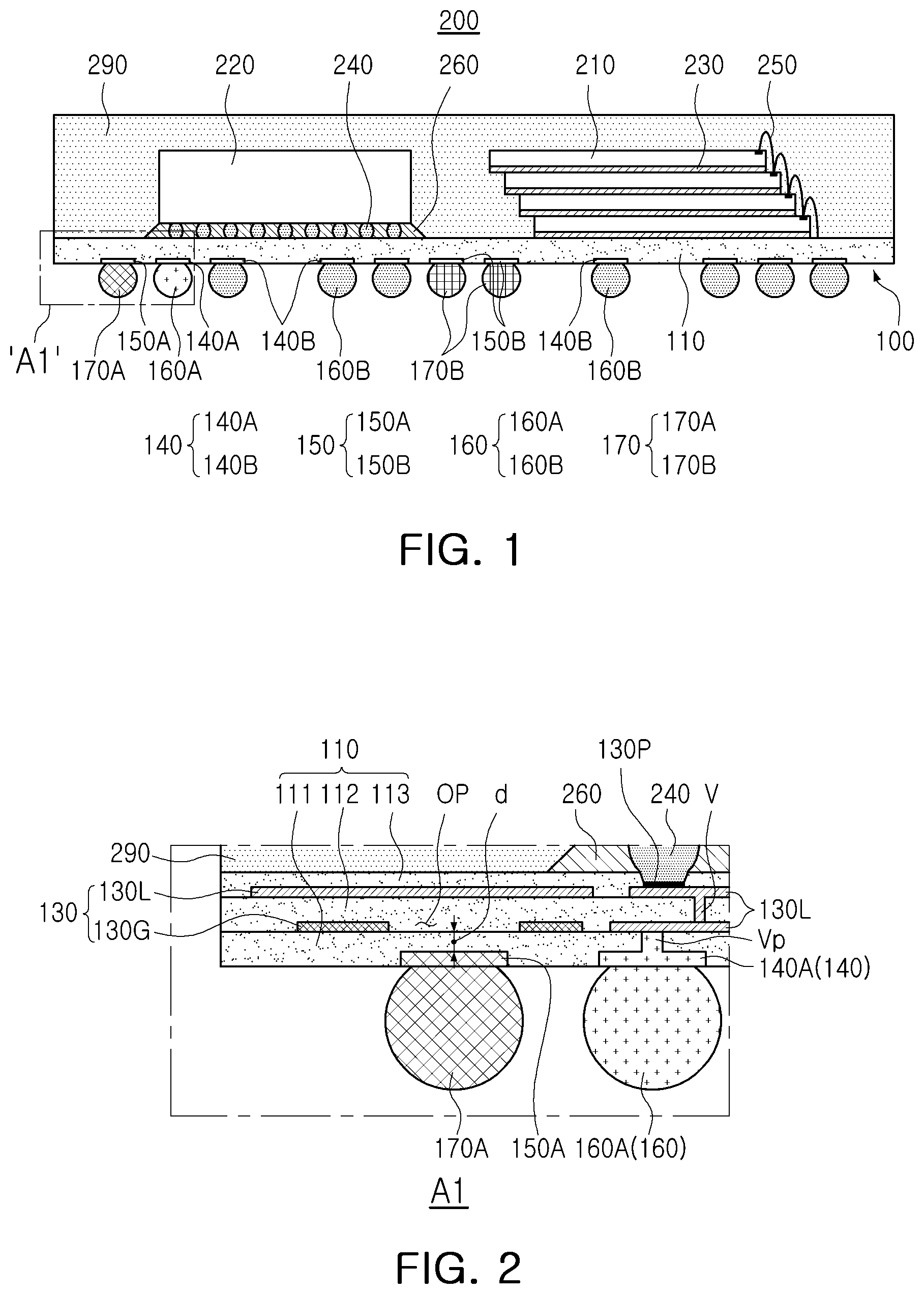 Patent US12622296 Figure 1 – Semiconductor package including metal pattern layer with open region which overlaps non-contact pad