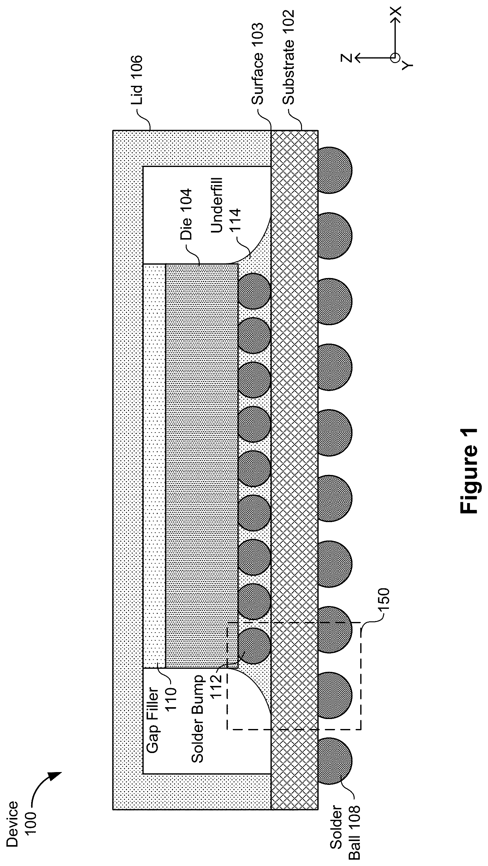 Patent US12622306 Figure 1 – Semiconductor device with optimized underfill flow