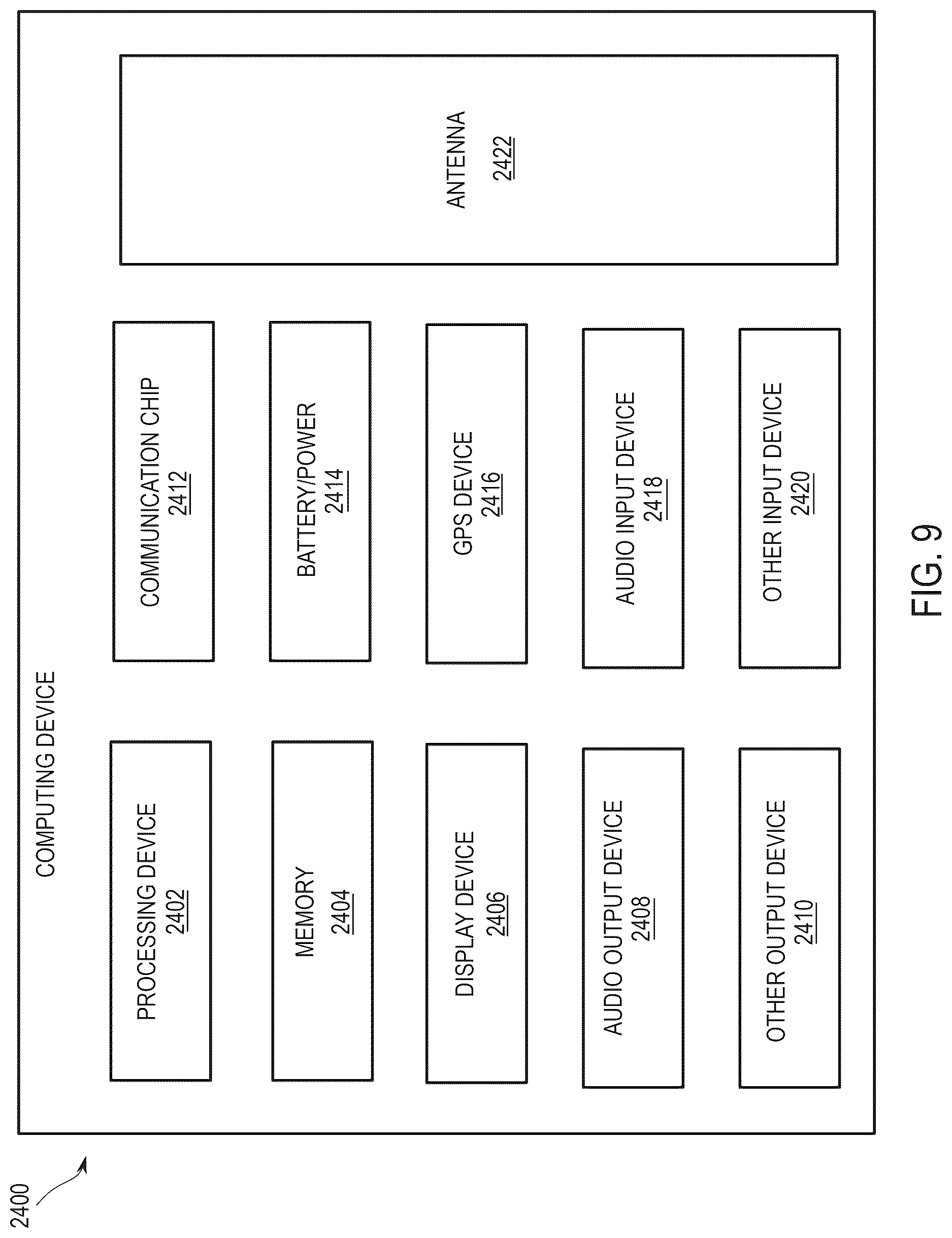 Patent US12622319 Figure 9 – Stacked die packaging architecture with conductive vias on interposer
