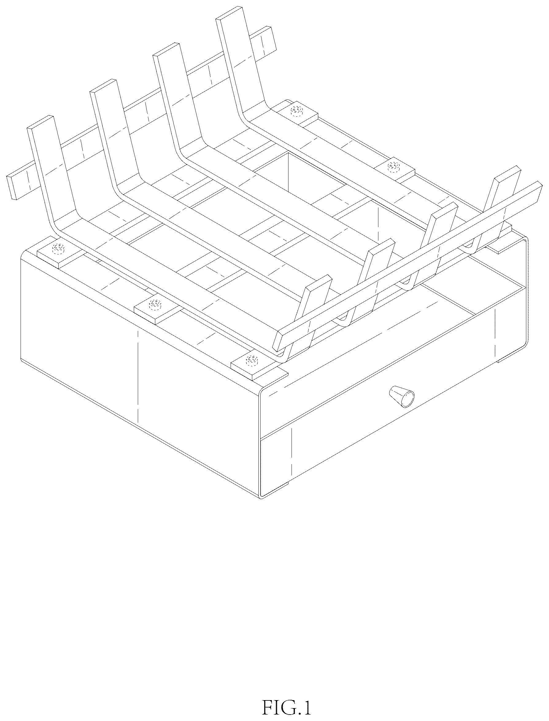 Patent USD1124308 Figure 1 – Modular wood burning stand and tray assembly