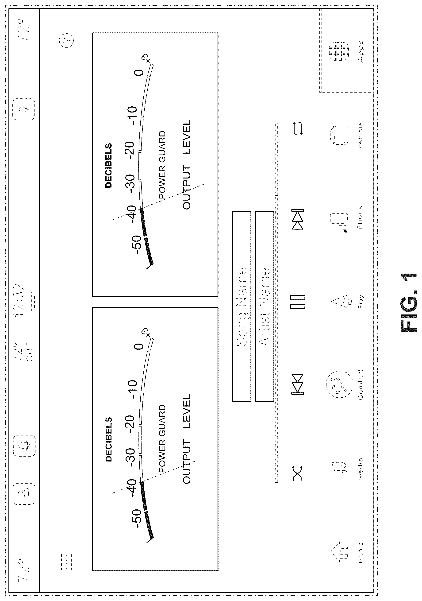 Patent USD1125180 Figure 1 – In-vehicle audio control display panel or portion thereof with a computer-generated graphical user interface